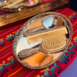 Vintage Silver Plated and Cream Hair Styling Set